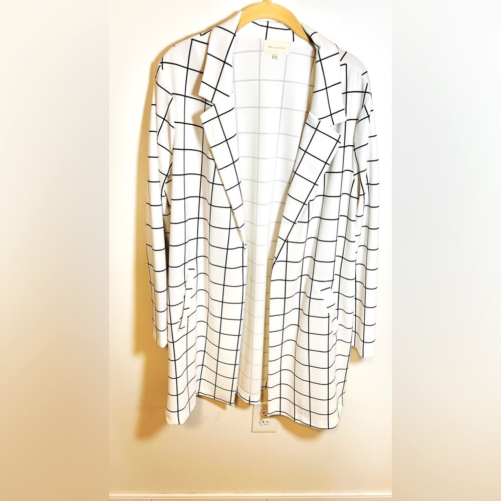 White & Black Plaid Print Open Front Lightweight Blazer Longline Workwear Size L